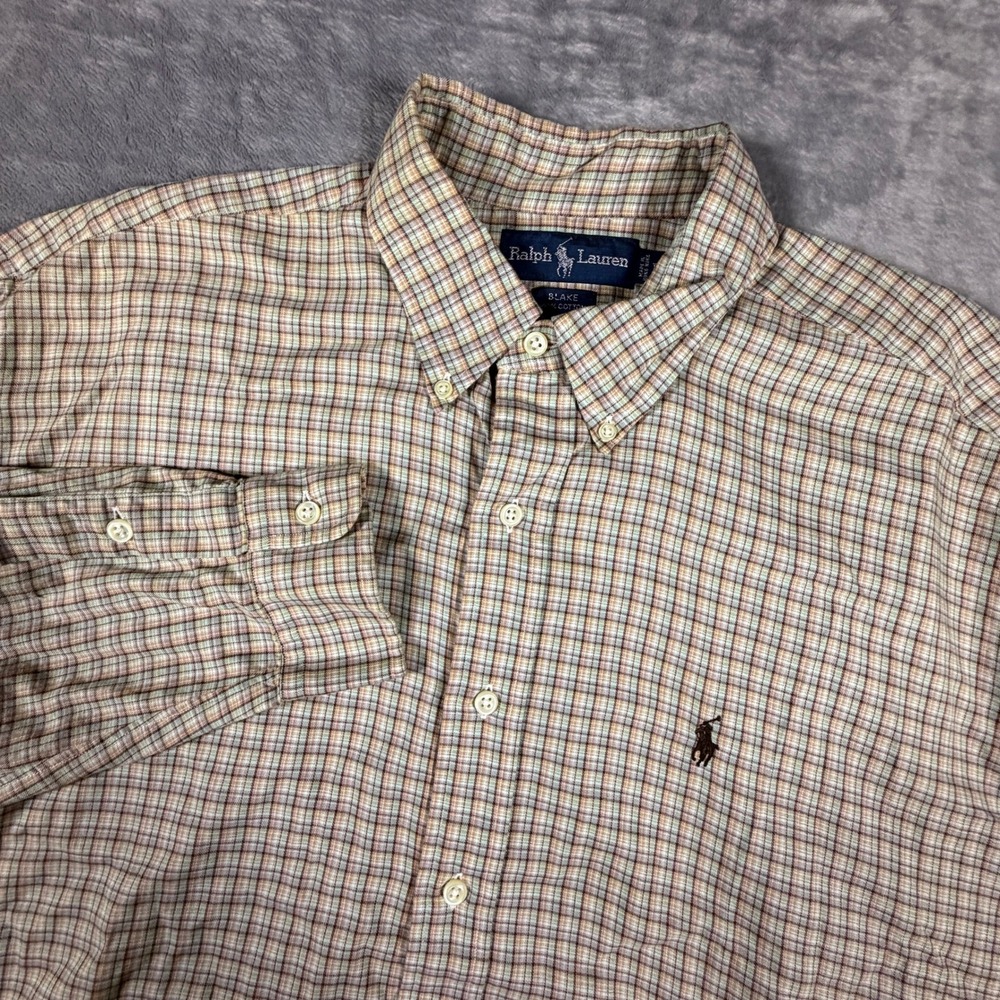 Vintage Ralph Lauren Blake Plaid Button Down Shirt Mens Large Tan Blue 90s Y2K